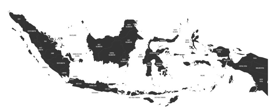 Indonesia political map of administrative divisions - provinces and special regions. Flat dark grey map on white background with province name labels
