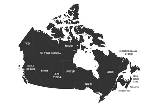 Canada political map of administrative divisions - provinces and territories. Flat dark grey map on white background with province name labels