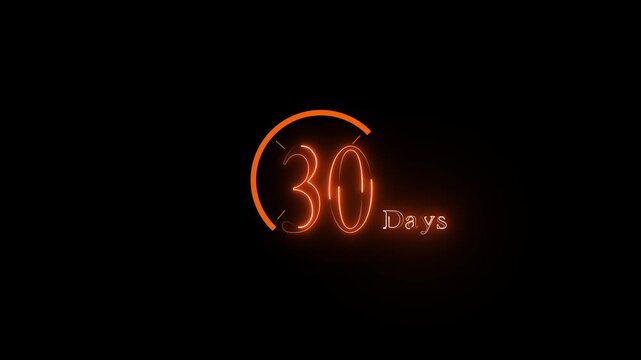 Day 30 text neon animation on black background. Neon day 30. 30 day to go glowing neon Animation.