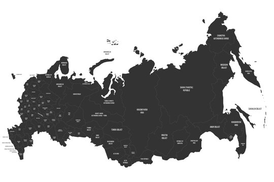 Russia political map of administrative divisions - oblasts, republics, autonomous okrugs, krais, autonomous oblast and 2 federal cities of Moscow and Saint Petersburg. Flat dark grey map on white