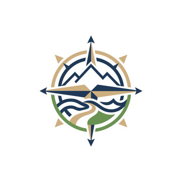 Adventure compass rose with mountain landscape logo.