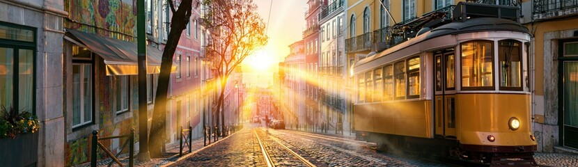 Fototapeta premium Lisbon street with yellow tram climbing uphill at sunset, city travel and historic architecture
