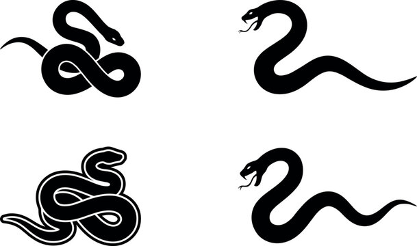 Title:
Black snake silhouette vector set featuring coiled serpent and strike cobra icons isolated on white background