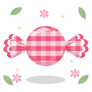 Cute Magenta Gingham Candy with Flower and Leaf Decor Vector