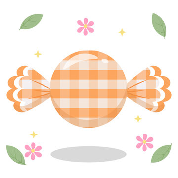 Cute Orange Pastel Gingham Candy with Flower and Leaf Vector
