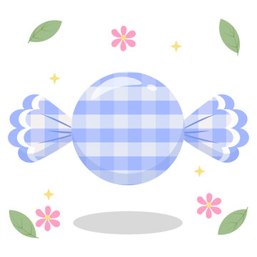 Cute Periwinkle Blue Gingham Candy with Flower and Leaf Vector