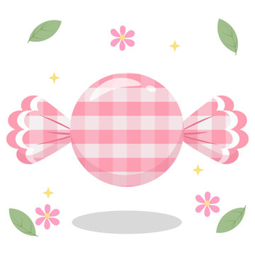 Cute Pink Pastel Gingham Candy with Flower and Leaf Decoration