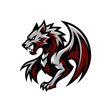 Aggressive winged dragon wolf hybrid mascot esports logo.