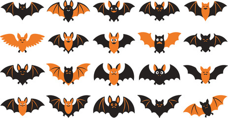 Fototapeta premium Collection of decorative black and orange bat icons for halloween party design and holiday seasonal greeting cards