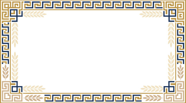 Decorative Greek key meander frame with wheat stalks, rectangular border design element for wedding invitations, certificates, classical historical