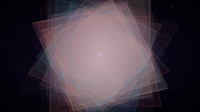 Hypnotic Abstract Animation Of Overlapping Geometric Squares Rotating Around A Central Glowing Sphere With Subtle Light Movements On A Dark Background