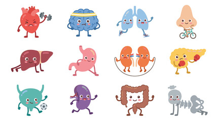 Obraz premium Set of human organ characters exercising, healthy lifestyle anatomy icons, fitness activities, medical health checkup, physical therapy concepts