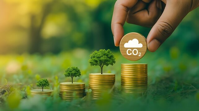 Hand placing a wooden coin with a co2 cloud on a stack of gold coins, representing environmental investment, carbon footprint, and green finance