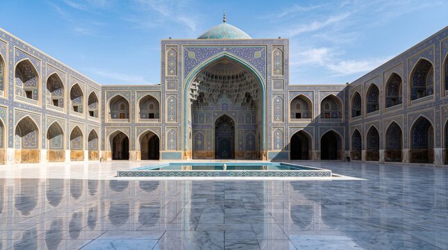 Stunning Persian mosque courtyard with intricate blue tilework and a reflecting pool, ideal for architectural and cultural travel designs.