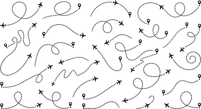 Airplane flight path icons with dashed lines, black dotted travel routes on white background, 24 vector plane trail elements for maps
