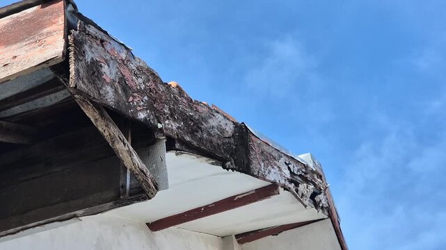 Low angle view of damaged and rotten wooden roof eave fascia board needing repair against blue sky