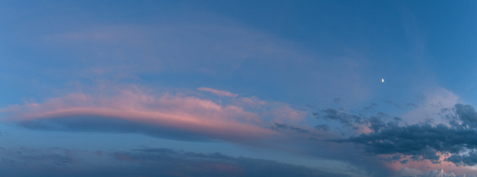 Beautiful Twilight Sky Panorama With Pink Sunset Clouds And Crescent Moon