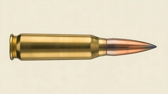 Shiny brass rifle bullet isolated on beige
