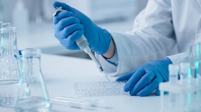 laboratory pipette scientist research testing hands science biotechnology microplate experiment gloved technician transfers a sample for diagnostics innovation education and pharmaceutical campaigns