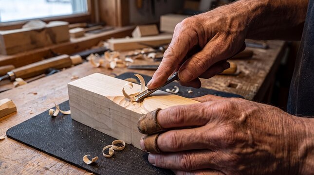 woodcarving carpenter chisel hands craftsmanship workshop timber artisan traditional woodworking maker cuts curled shavings from a wood block for trade education heritage craft and tool branding