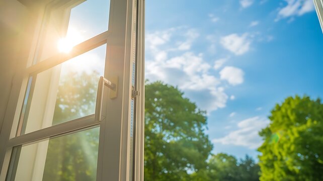 Open window looking out at lush green trees under a bright blue sky with fluffy white clouds and warm golden sunlight streaming through the glass