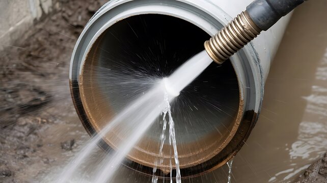 Pressure water jet cleaning of a large industrial concrete drainage pipe in a muddy outdoor construction site environment during maintenance