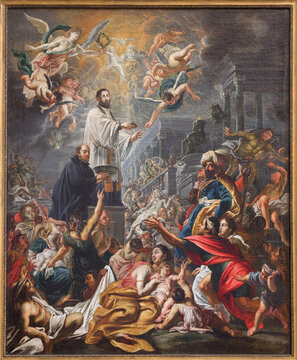 Brugges - The paint of Saint Franics Xavier baptist the indians in Saint Walburga churchby Cornelis Schut 1648.