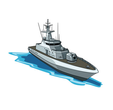 Detailed retro hand drawn graphic of a gray modern warship patrol boat sailing on water