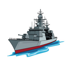 Detailed vintage hand drawn illustration of a large naval frigate warship equipped with radar and guns © harrisaputra