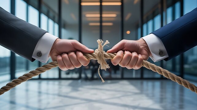 Two business people in formal suits pulling a rope in opposite directions with a knot in the middle representing a stalemate or negotiation conflict