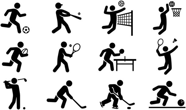 Set of black silhouette sport icons showing various athletic activities.