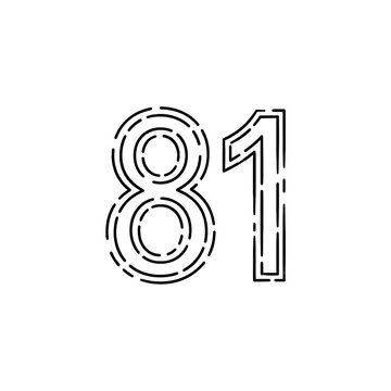 Minimalist number 81 stylized line art design with dashed outline isolated on white background