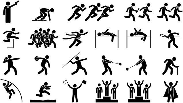 Set of black and white track and field sports pictograms.