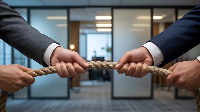 Two business people in formal suits pulling a thick rope in opposite directions representing a conflict or a competitive struggle at work