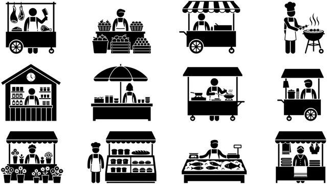 Set of vector icons depicting various street market stalls and vendors.