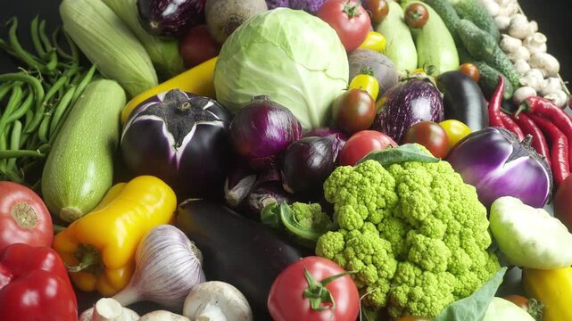 A Slow Camera Pan Over A Rich Assortment Of Fresh Vegetables.