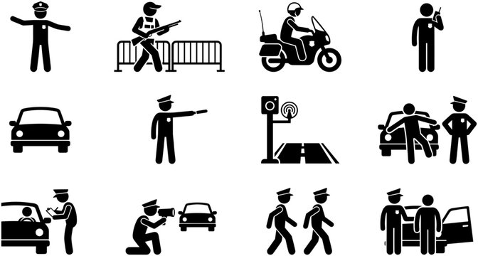 Set of police officer icons and law enforcement activities.