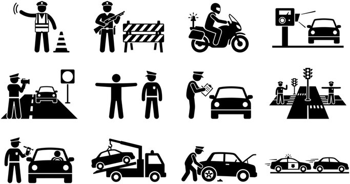 Police Traffic Control and Law Enforcement Icon Set.