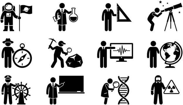 Set of stick figure icons representing various scientific and professional occupations.