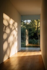 Warm sunlight streams through a modern hallway onto a wooden floor, casting tree shadows on the wall. Use: architectural design, interior decor, li... © 3DLeonardo