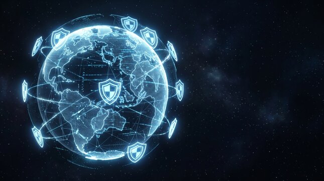 Holographic globe with glowing shield protection points representing global network security