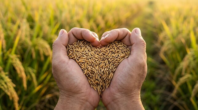World Farmers Day Heart Shaped Hands Holding Rice Grains in Field
