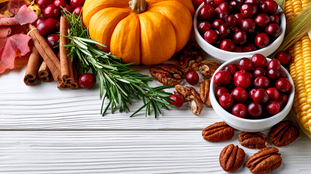 Thanksgiving autumn flat lay with pumpkin cranberries pecans corn and spices background