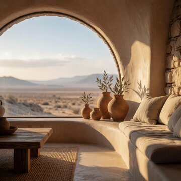 Rustic archway interior with desert view, clay vases, and seating. Use: interior design, travel brochure, retreat advertisement.