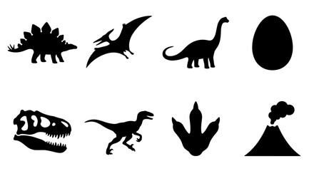 Dinosaur Icons Set, Prehistoric Animal Silhouettes, Jurassic Era Vector Graphics, Dinosaur Egg and Footprint Illustrations © Zubaraj