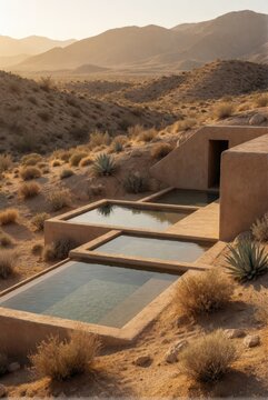 Terraced desert pools and adobe structure with arid mountain landscape at sunset. Use: spa brochure, resort advertisement, architectural digest.