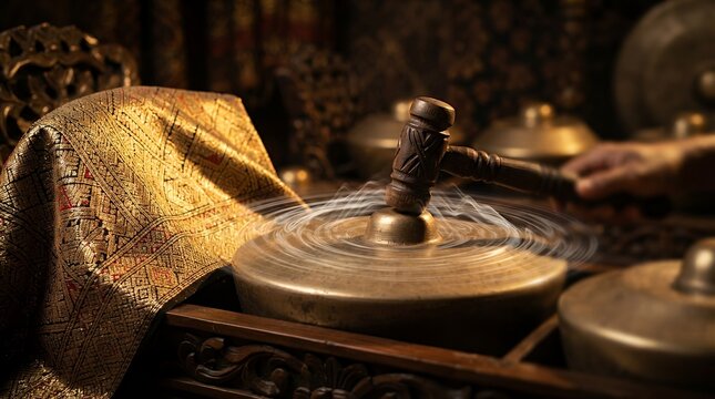 Traditional Gamelan Musician Striking Bronze Gong with Mallet
