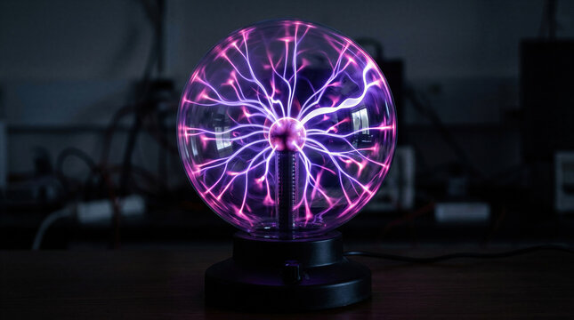 Plasma ball globe with purple electric discharge inside. Decorative glass sphere lamp glowing with neon light. Concept of science, physics, energy, electricity, power and technology.