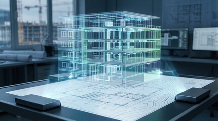 Fototapeta premium Holographic building projection hovering over architectural blueprint on desk. Innovative 3D visualization for construction engineering and real estate development. Digital design technology.