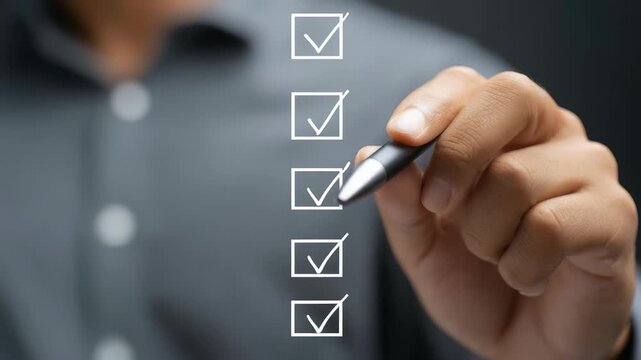 Businessman marking checkboxes on a transparent virtual screen with a pen, symbolizing task completion and productivity. Modern concept of organization and workflow management in business environments
